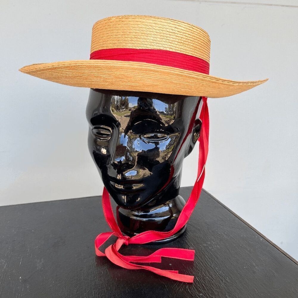 VTG Straw Boater Hat Red Ribbon 50s 60s Derby Garden Party Italian Made